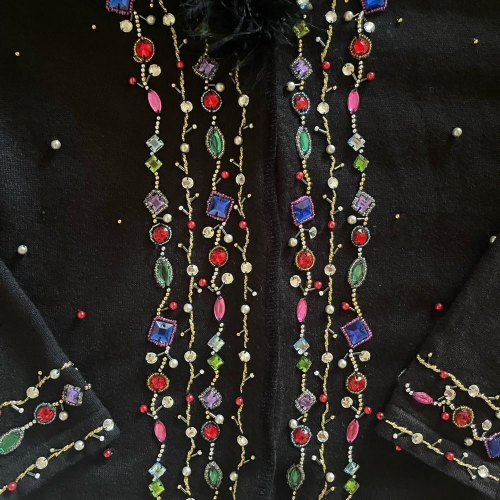 Jack B Quick vintage embellished button down black cardigan w/ faux fur collar - Picture 11 of 12